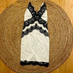 White satin with black lace midi-dress